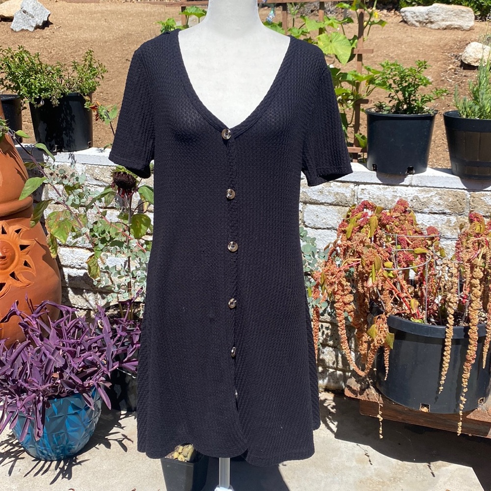 Black Knit Henley Button Up Mini Dress EUC